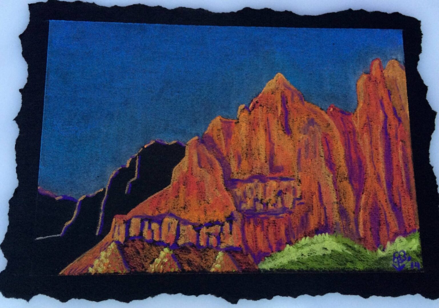 A painting of mountains with red and orange rocks.