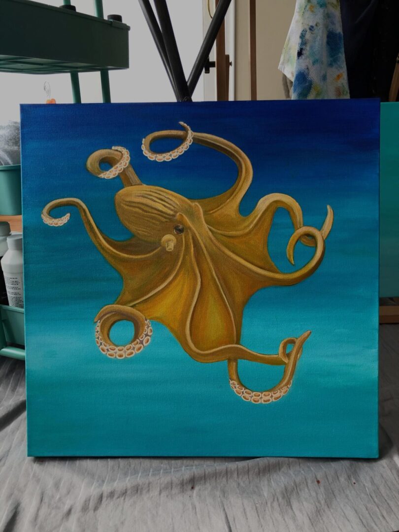 A painting of an octopus on canvas.