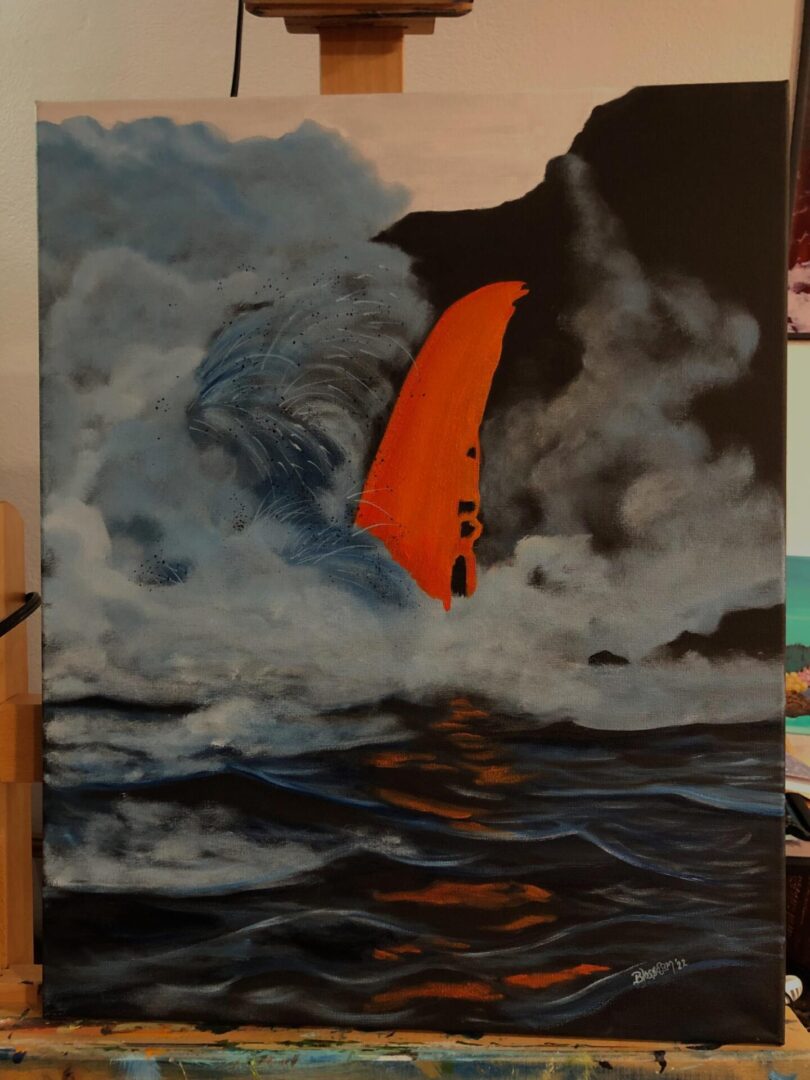 A painting of a person on a surfboard in the ocean.